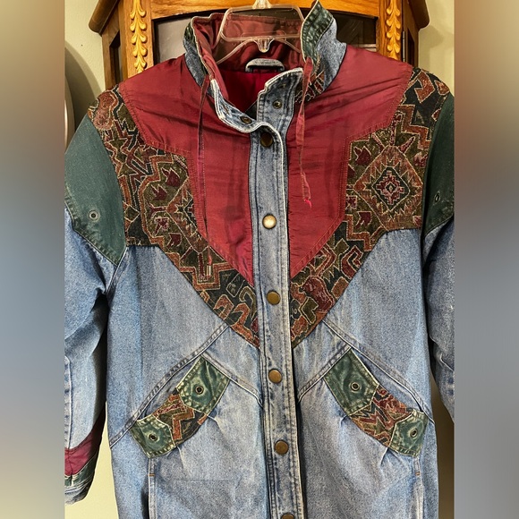 Vintage 80s 90s Two Twenty Denim Tapestry Jeans Coat Jacket Small - Picture 2 of 12